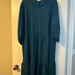 Sandra Darren Hunter Green Textured Dress with Black Trim